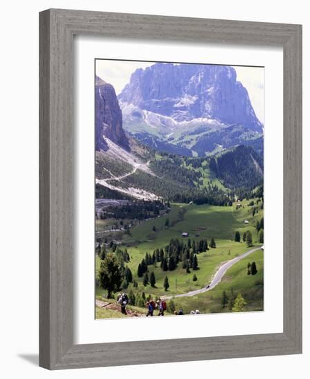 Hikers on Alta Via Dolomiti Trail and Gardena Pass Below and Sassolungo Range 3181M, Alto Adige-Richard Nebesky-Framed Photographic Print