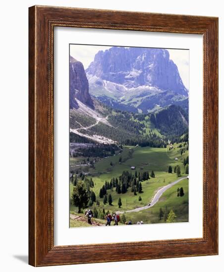 Hikers on Alta Via Dolomiti Trail and Gardena Pass Below and Sassolungo Range 3181M, Alto Adige-Richard Nebesky-Framed Photographic Print