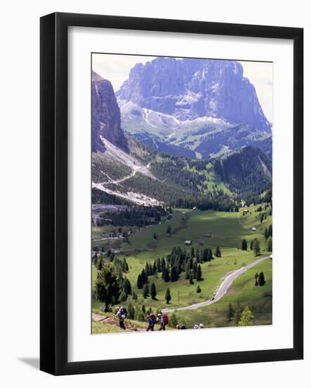 Hikers on Alta Via Dolomiti Trail and Gardena Pass Below and Sassolungo Range 3181M, Alto Adige-Richard Nebesky-Framed Photographic Print