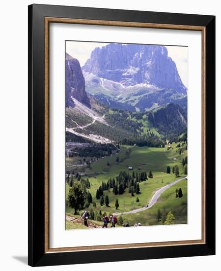 Hikers on Alta Via Dolomiti Trail and Gardena Pass Below and Sassolungo Range 3181M, Alto Adige-Richard Nebesky-Framed Photographic Print