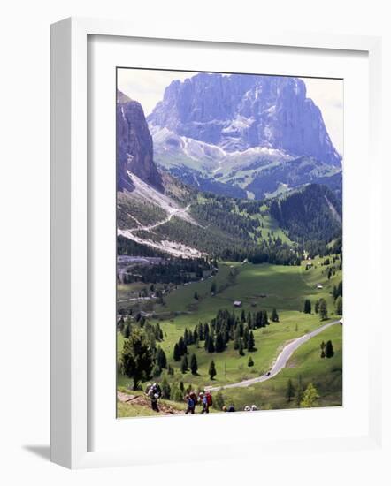 Hikers on Alta Via Dolomiti Trail and Gardena Pass Below and Sassolungo Range 3181M, Alto Adige-Richard Nebesky-Framed Photographic Print