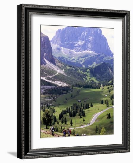 Hikers on Alta Via Dolomiti Trail and Gardena Pass Below and Sassolungo Range 3181M, Alto Adige-Richard Nebesky-Framed Photographic Print