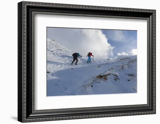 Hikers proceed in the snowy valley of Alpe Fora, Malenco Valley, Province of Sondrio, Valtellina, L-Roberto Moiola-Framed Photographic Print