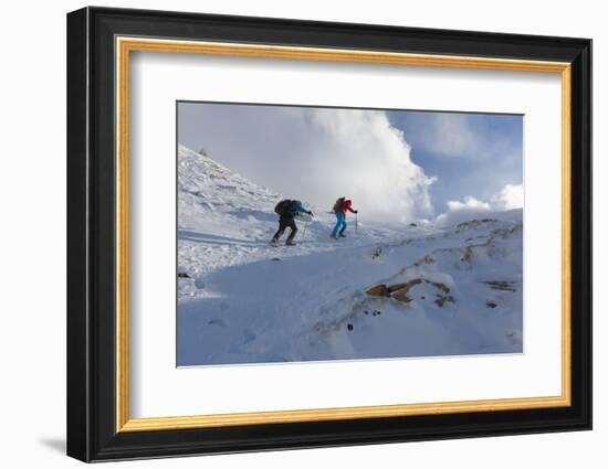 Hikers proceed in the snowy valley of Alpe Fora, Malenco Valley, Province of Sondrio, Valtellina, L-Roberto Moiola-Framed Photographic Print
