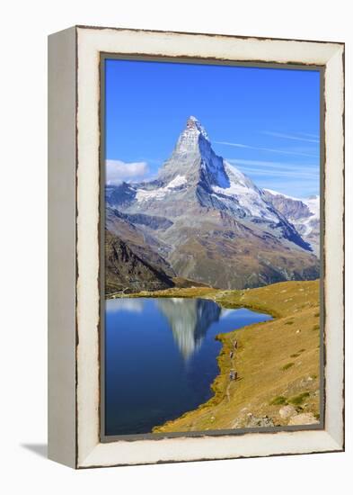 Hikers Walking on the Path Beside the Stellisee with the Matterhorn Reflected-Roberto Moiola-Framed Premier Image Canvas