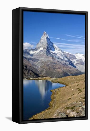 Hikers Walking on the Path Beside the Stellisee with the Matterhorn Reflected-Roberto Moiola-Framed Premier Image Canvas