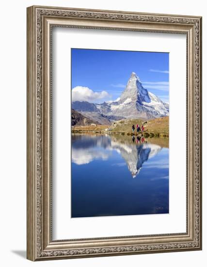 Hikers Walking on the Path Beside the Stellisee with the Matterhorn Reflected-Roberto Moiola-Framed Photographic Print