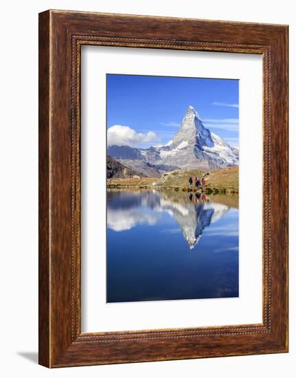 Hikers Walking on the Path Beside the Stellisee with the Matterhorn Reflected-Roberto Moiola-Framed Photographic Print