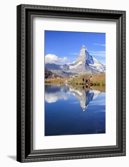 Hikers Walking on the Path Beside the Stellisee with the Matterhorn Reflected-Roberto Moiola-Framed Photographic Print