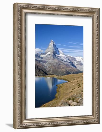 Hikers Walking on the Path Beside the Stellisee with the Matterhorn Reflected-Roberto Moiola-Framed Photographic Print