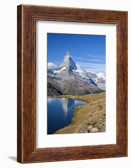 Hikers Walking on the Path Beside the Stellisee with the Matterhorn Reflected-Roberto Moiola-Framed Photographic Print