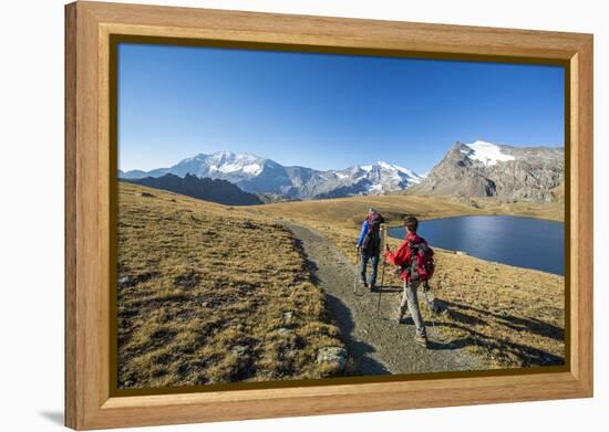 Hikers Wallking Along Rosset Lake, Gran Paradiso National Park, Alpi Graie (Graian Alps), Italy-Roberto Moiola-Framed Premier Image Canvas