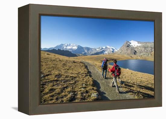 Hikers Wallking Along Rosset Lake, Gran Paradiso National Park, Alpi Graie (Graian Alps), Italy-Roberto Moiola-Framed Premier Image Canvas