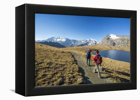 Hikers Wallking Along Rosset Lake, Gran Paradiso National Park, Alpi Graie (Graian Alps), Italy-Roberto Moiola-Framed Premier Image Canvas