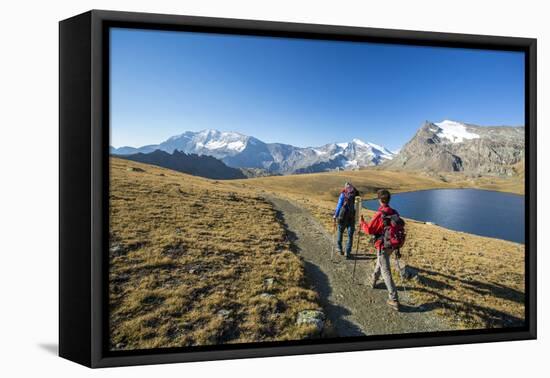 Hikers Wallking Along Rosset Lake, Gran Paradiso National Park, Alpi Graie (Graian Alps), Italy-Roberto Moiola-Framed Premier Image Canvas