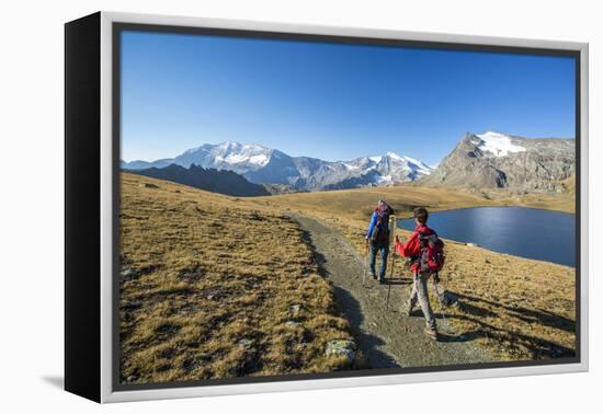 Hikers Wallking Along Rosset Lake, Gran Paradiso National Park, Alpi Graie (Graian Alps), Italy-Roberto Moiola-Framed Premier Image Canvas