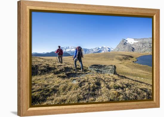 Hikers Wallking Along Rosset Lake, Gran Paradiso National Park, Alpi Graie (Graian Alps), Italy-Roberto Moiola-Framed Premier Image Canvas