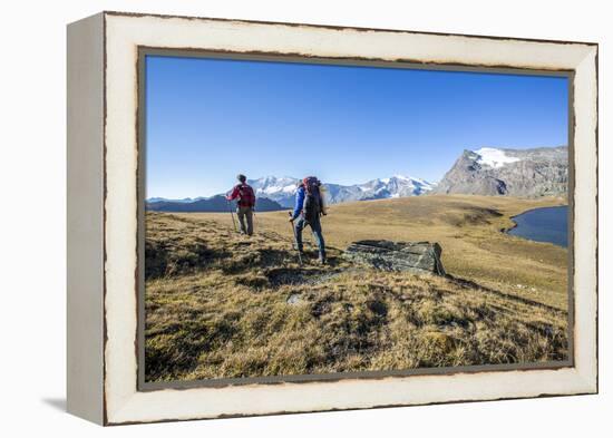 Hikers Wallking Along Rosset Lake, Gran Paradiso National Park, Alpi Graie (Graian Alps), Italy-Roberto Moiola-Framed Premier Image Canvas