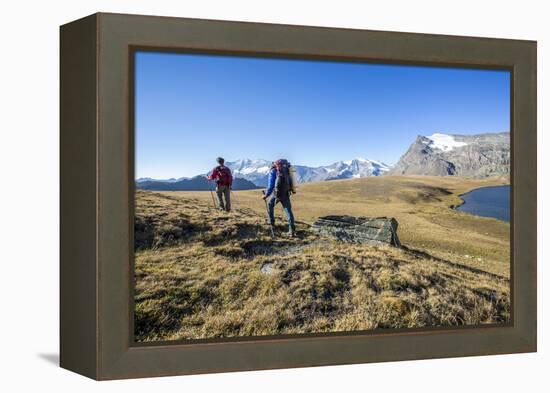 Hikers Wallking Along Rosset Lake, Gran Paradiso National Park, Alpi Graie (Graian Alps), Italy-Roberto Moiola-Framed Premier Image Canvas