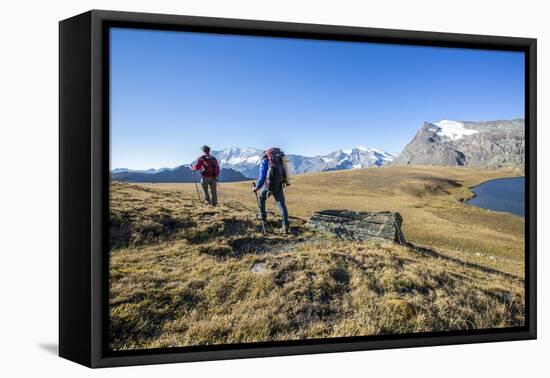 Hikers Wallking Along Rosset Lake, Gran Paradiso National Park, Alpi Graie (Graian Alps), Italy-Roberto Moiola-Framed Premier Image Canvas