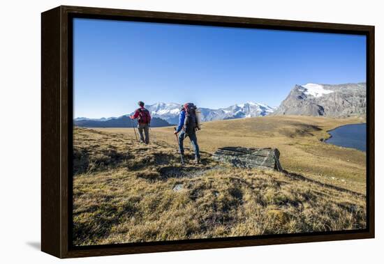 Hikers Wallking Along Rosset Lake, Gran Paradiso National Park, Alpi Graie (Graian Alps), Italy-Roberto Moiola-Framed Premier Image Canvas