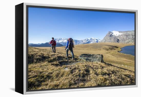 Hikers Wallking Along Rosset Lake, Gran Paradiso National Park, Alpi Graie (Graian Alps), Italy-Roberto Moiola-Framed Premier Image Canvas