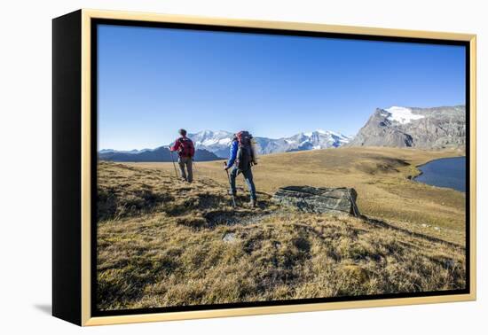 Hikers Wallking Along Rosset Lake, Gran Paradiso National Park, Alpi Graie (Graian Alps), Italy-Roberto Moiola-Framed Premier Image Canvas