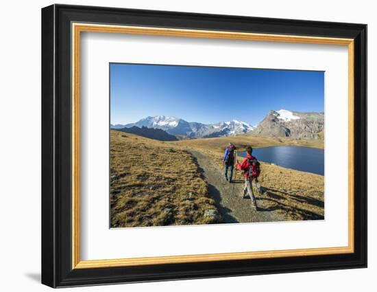 Hikers Wallking Along Rosset Lake, Gran Paradiso National Park, Alpi Graie (Graian Alps), Italy-Roberto Moiola-Framed Photographic Print