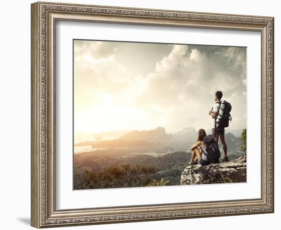 Hikers With Backpacks Enjoying Valley View From Top Of A Mountain-Dudarev Mikhail-Framed Art Print