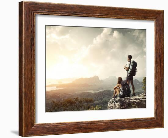 Hikers With Backpacks Enjoying Valley View From Top Of A Mountain-Dudarev Mikhail-Framed Art Print