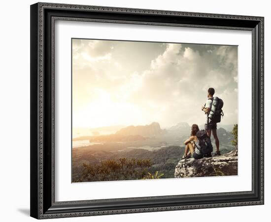 Hikers With Backpacks Enjoying Valley View From Top Of A Mountain-Dudarev Mikhail-Framed Art Print