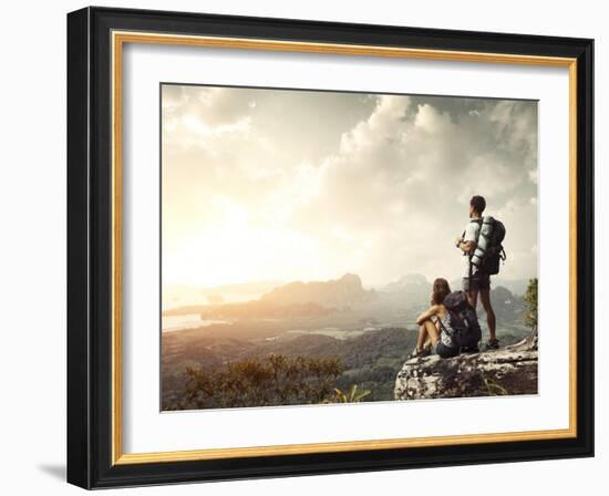 Hikers With Backpacks Enjoying Valley View From Top Of A Mountain-Dudarev Mikhail-Framed Art Print