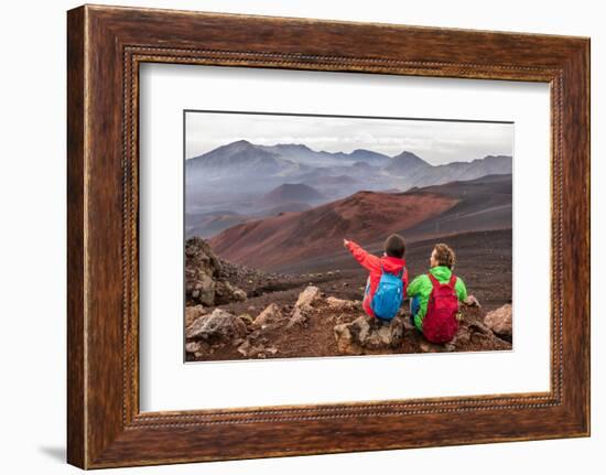 Hiking Travel Vacation in Maui Volcano, Hawaii. USA Travel Woman with Backpack Pointing at Haleakal-Maridav-Framed Photographic Print