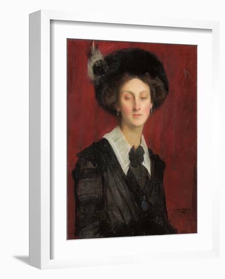 Hilda in a Black Hat, 1909 (Oil on Canvas)-George Spencer Watson-Framed Giclee Print