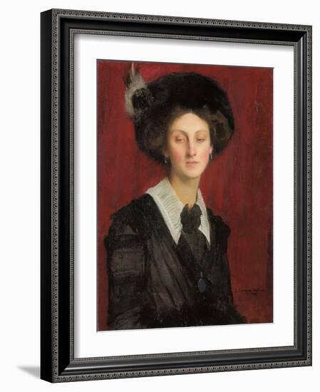 Hilda in a Black Hat, 1909 (Oil on Canvas)-George Spencer Watson-Framed Giclee Print