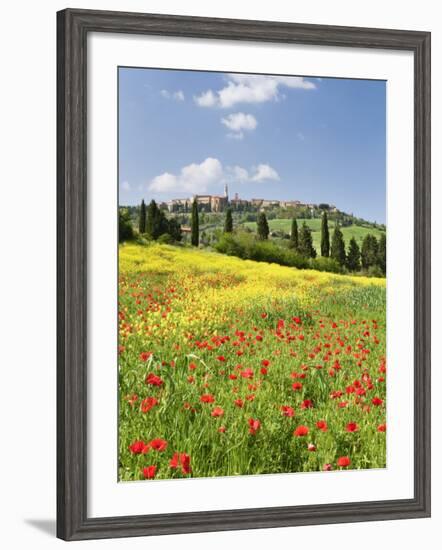 Hill Town Pienza and Field of Poppies, Tuscany, Italy-Nadia Isakova-Framed Photographic Print