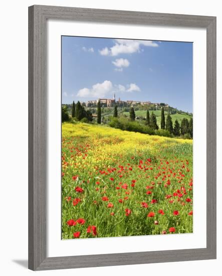 Hill Town Pienza and Field of Poppies, Tuscany, Italy-Nadia Isakova-Framed Photographic Print