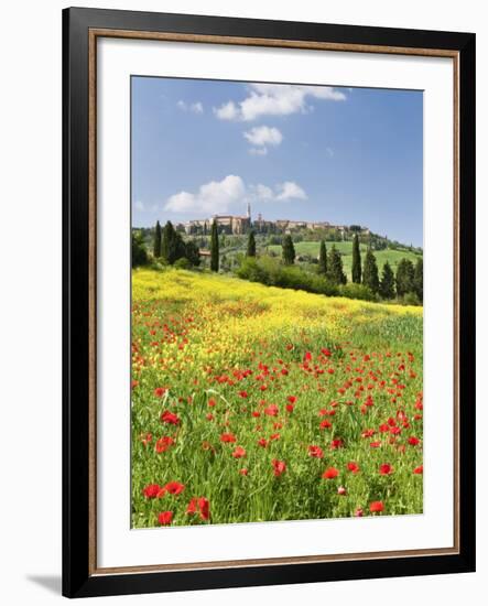 Hill Town Pienza and Field of Poppies, Tuscany, Italy-Nadia Isakova-Framed Photographic Print