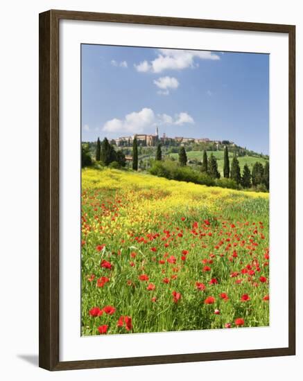 Hill Town Pienza and Field of Poppies, Tuscany, Italy-Nadia Isakova-Framed Photographic Print