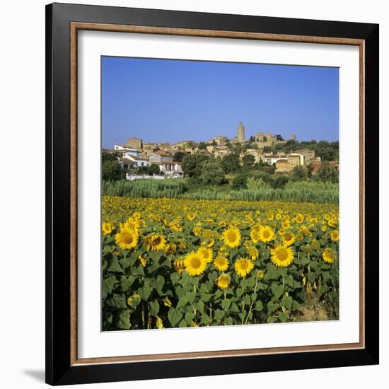 Hilltop Village Above Sunflower Field, Pals, Catalunya (Costa Brava), Spain-Stuart Black-Framed Photographic Print