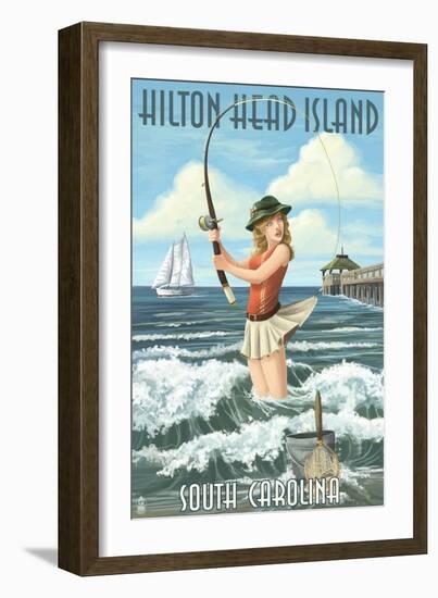 Hilton Head Island, South Carolina - Pinup Surfer Fishing-Lantern Press-Framed Art Print