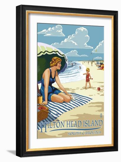 Hilton Head Island, South Carolina - Woman on Beach-Lantern Press-Framed Art Print