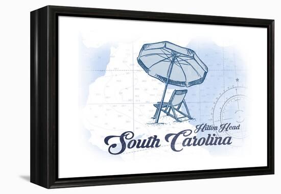 Hilton Head, South Carolina - Beach Chair and Umbrella - Blue - Coastal Icon-Lantern Press-Framed Stretched Canvas