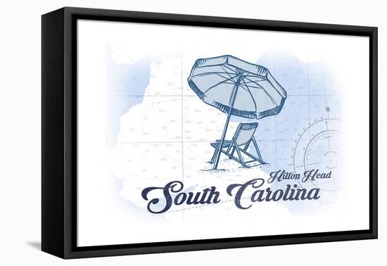 Hilton Head, South Carolina - Beach Chair and Umbrella - Blue - Coastal Icon-Lantern Press-Framed Stretched Canvas