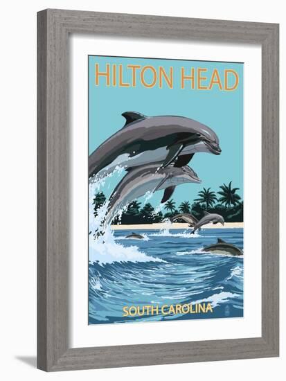 Hilton Head, South Carolina - Dolphins Jumping-Lantern Press-Framed Art Print