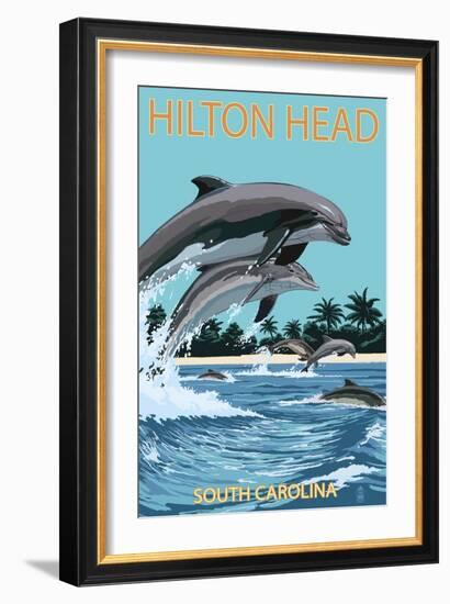 Hilton Head, South Carolina - Dolphins Jumping-Lantern Press-Framed Art Print