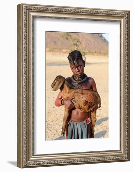 Himba Girl With Traditional Double Plait Hairstyle, Carrying A Goat-Eric Baccega-Framed Photographic Print