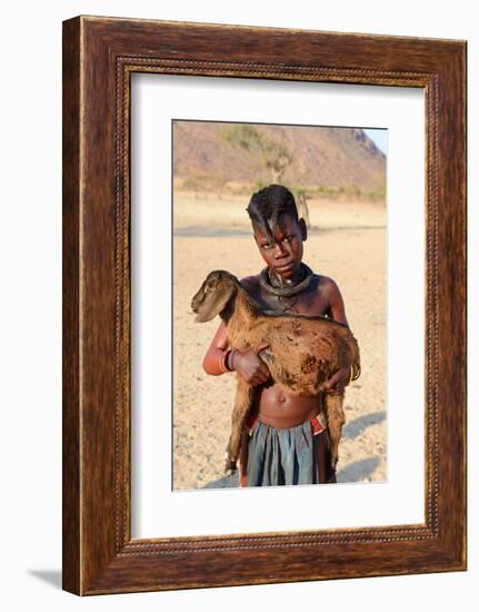 Himba Girl With Traditional Double Plait Hairstyle, Carrying A Goat-Eric Baccega-Framed Photographic Print