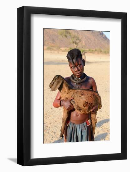 Himba Girl With Traditional Double Plait Hairstyle, Carrying A Goat-Eric Baccega-Framed Photographic Print