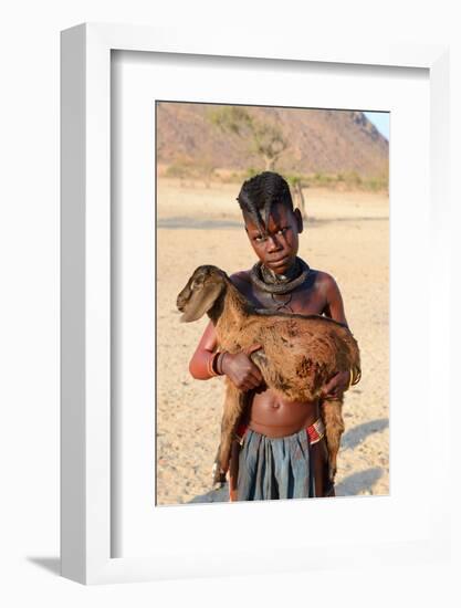 Himba Girl With Traditional Double Plait Hairstyle, Carrying A Goat-Eric Baccega-Framed Photographic Print